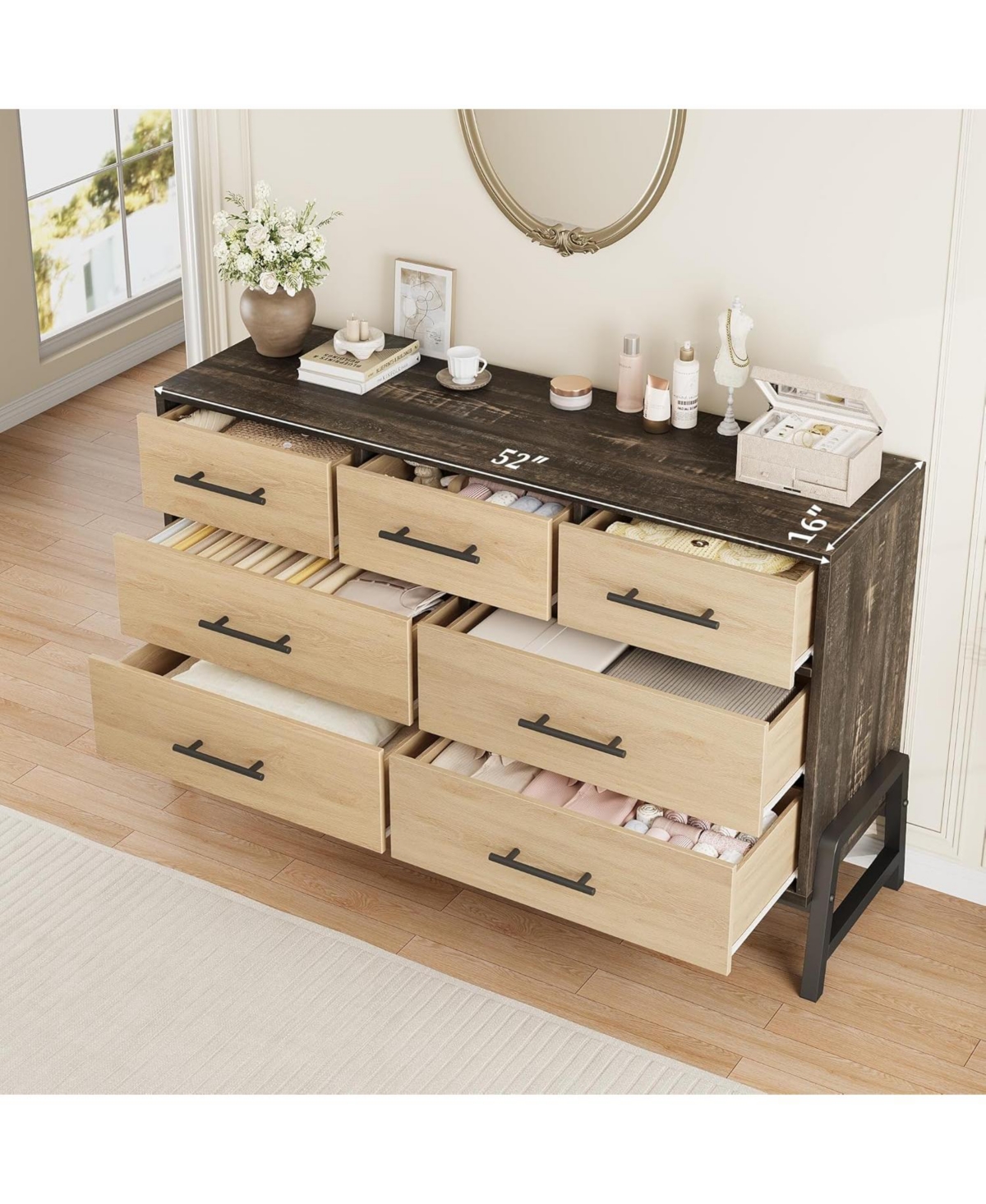 gaomon 7-Drawer Black Polished Engineered Wood Dresser, Chic Cabinet Legs, Waterproof Desktop, Modern Bedroom Storage