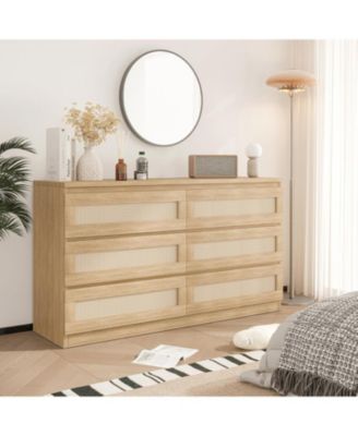 6 Drawer Natural Wood Multi-Purpose Rattan Fronts, Smooth Operation, TV Stand - Dresser