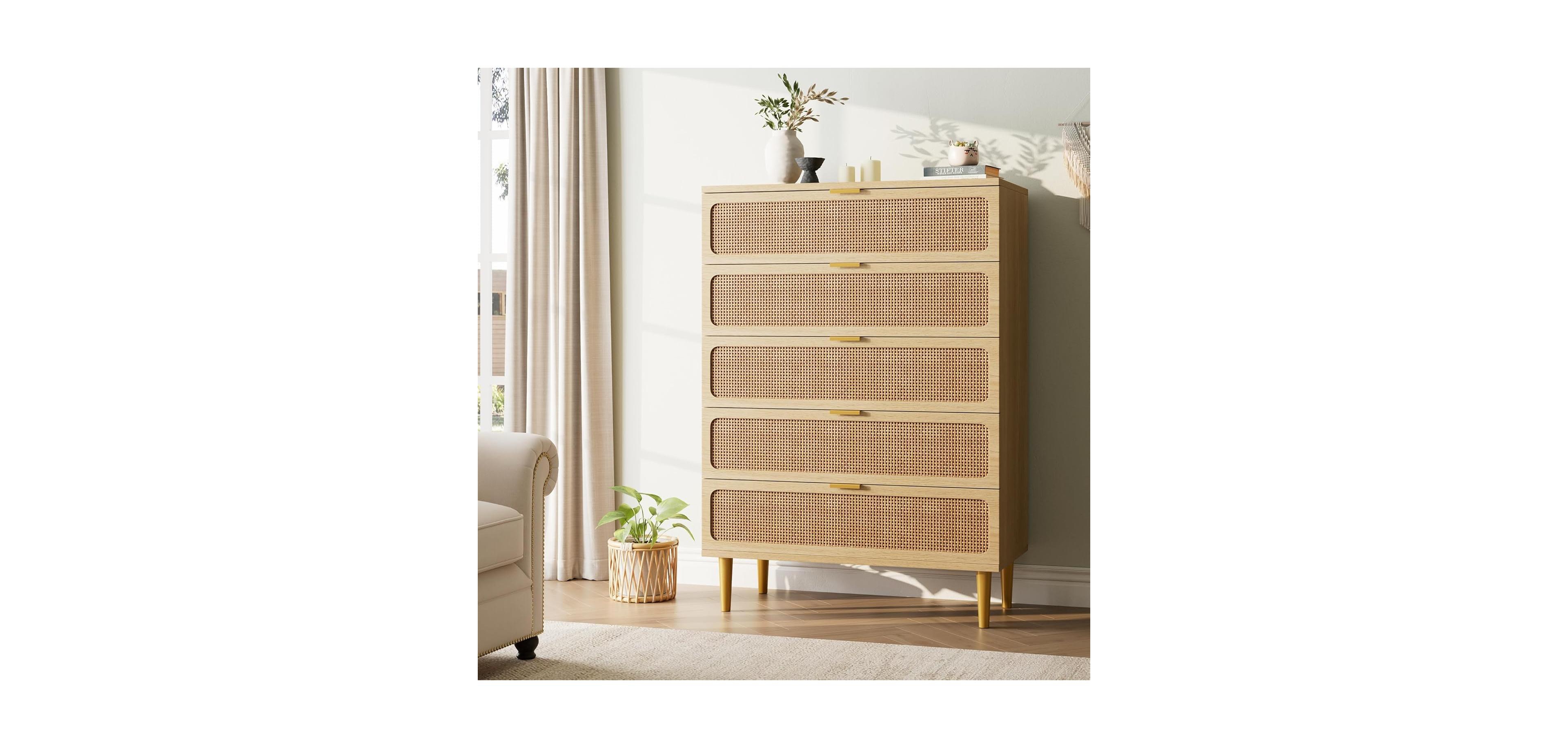 gaomon 5 Drawer Rattan Chest of Drawers with Deep Drawers, Modern Storage Cabinet Dresser