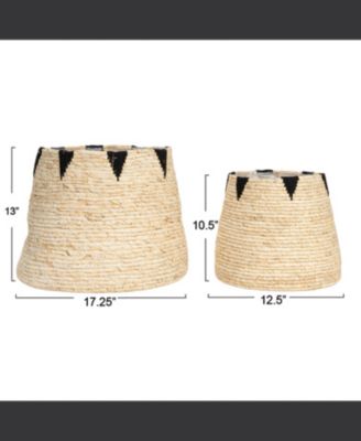 Round Handwoven Corn Leaf Basket Set of 2 with Plastic Liner, Natural with Black Accents