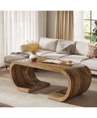 Farmhouse Coffee Table, 47" Heavy Duty C-Shaped Center Table with Curved Base, Rustic Brown