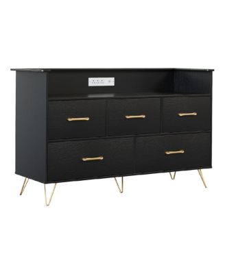 Dresser for Bedroom with 5 Drawers Led Lights, 47inch Wide Chest of Drawers with Charging Station, Freestanding Storage Organizer, Black