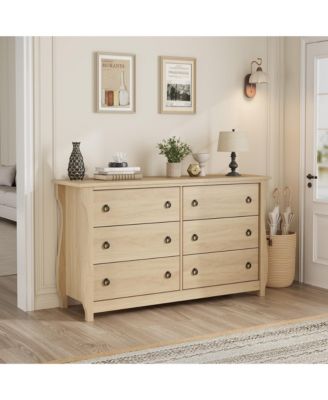 6-Drawer Modern Wood Dresser with Golden Ring Pull Handles, Wide Storage Cabinet for Living Room, Entryway, Oak Finish