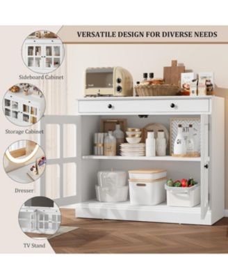 35.4 Inch White Sideboard Buffet Cabinet, Glass Door, Drawer Storage, Modern Dining Room, Kitchen Cabinet