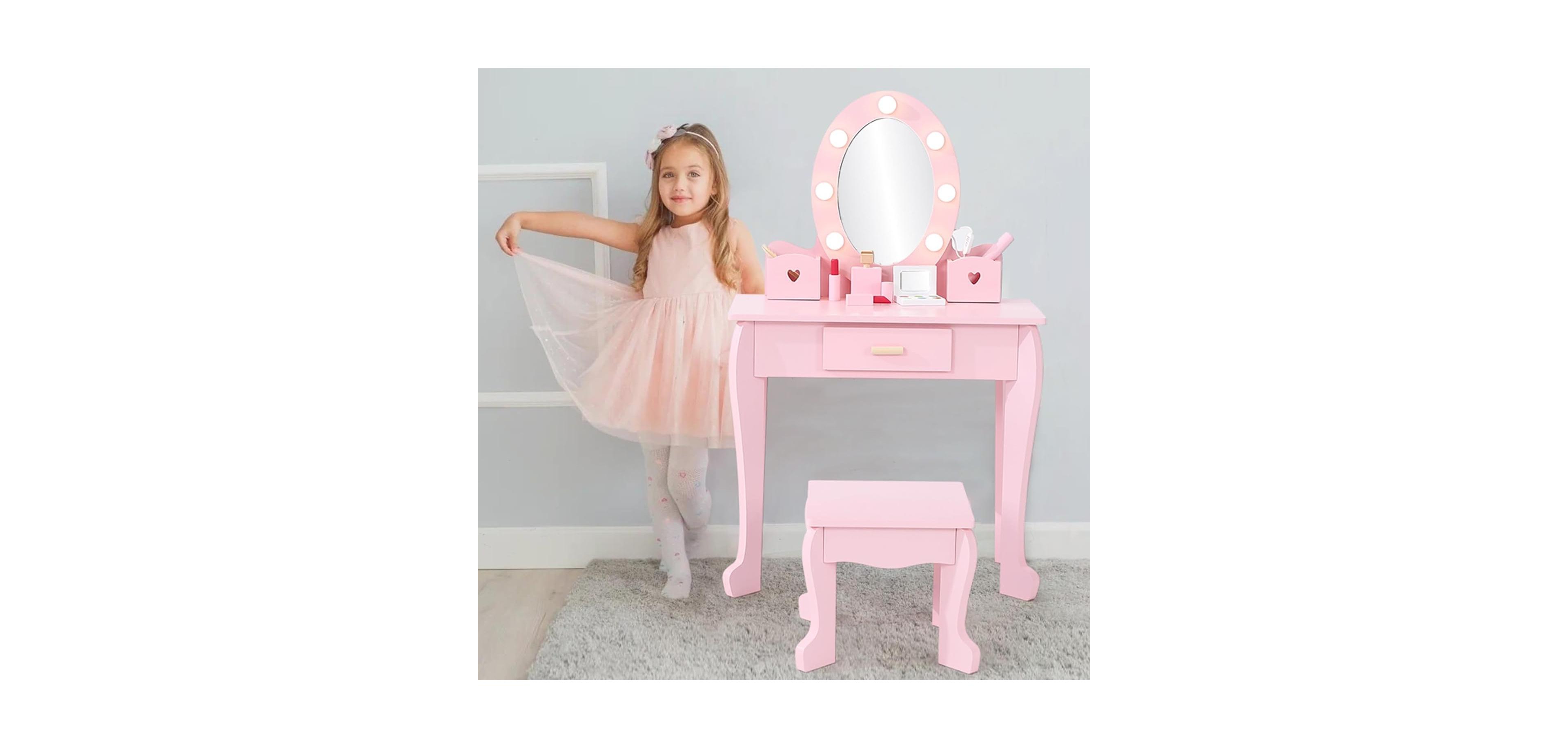 gaomon Kids Vanity with Lighted Mirror, Toddler Vanity Table and Chair Set, Makeup Playset for Girls, Pink