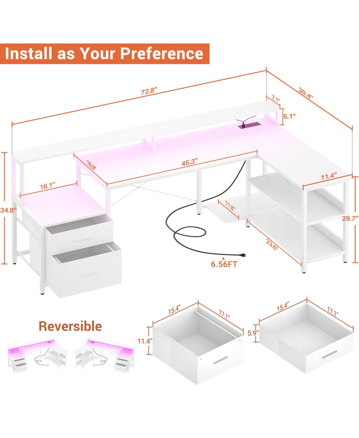 Aheaplus 72.8" L Shaped Desk with File Drawer, Reversible Computer Power Outlet, Led Strip, Monitor Stand & Storage Shelves