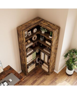 5-Tier Farmhouse Corner Bookcase, 71.8" L-Shaped Brown Display Shelf with Storage, Living Room, Home Office
