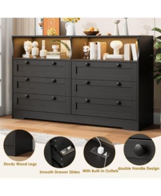 6-Drawer Modern Dresser with Power Outlet & LED Light, Large Capacity Wood Storage Chest TV Stand for Bedroom, Living Room