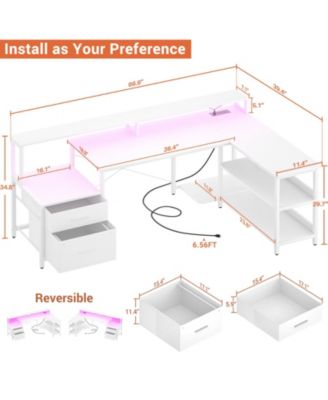 67'' L-Shaped Desk with Drawers and Shelves, Reversible Corner Computer Desk with Power Outlet & Monitor Stand