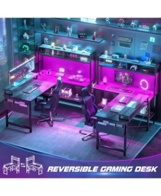49'' Reversible L Shaped Gaming Desk with Power Outlet and LED Lights, Corner Desk with Hutch & Monitor Stand
