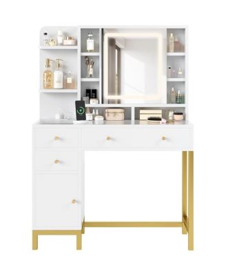 White Vanity Desk with Mirror & LED Lights, Makeup Dressing Table with Power Outlet, Bedroom