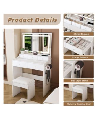 Modern Vanity Desk with Lighted Mirror & Outlet