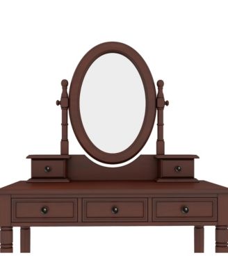 Vanity Desk with Mirror, Cushioned Stool, 5 Drawers - Walnut