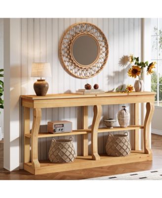 63" Solid Wood Console Table, 3-Tier Farmhouse Sofa Table with Storage