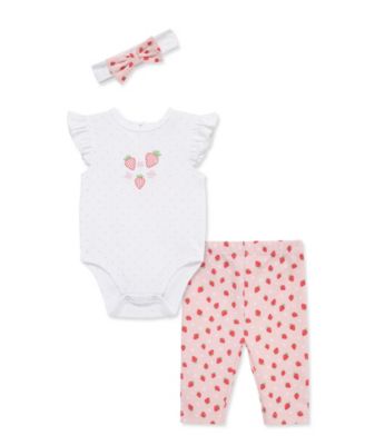 Baby Girls' Strawberry Printed Bodysuit, Leggings and Headband, 3-Piece Set