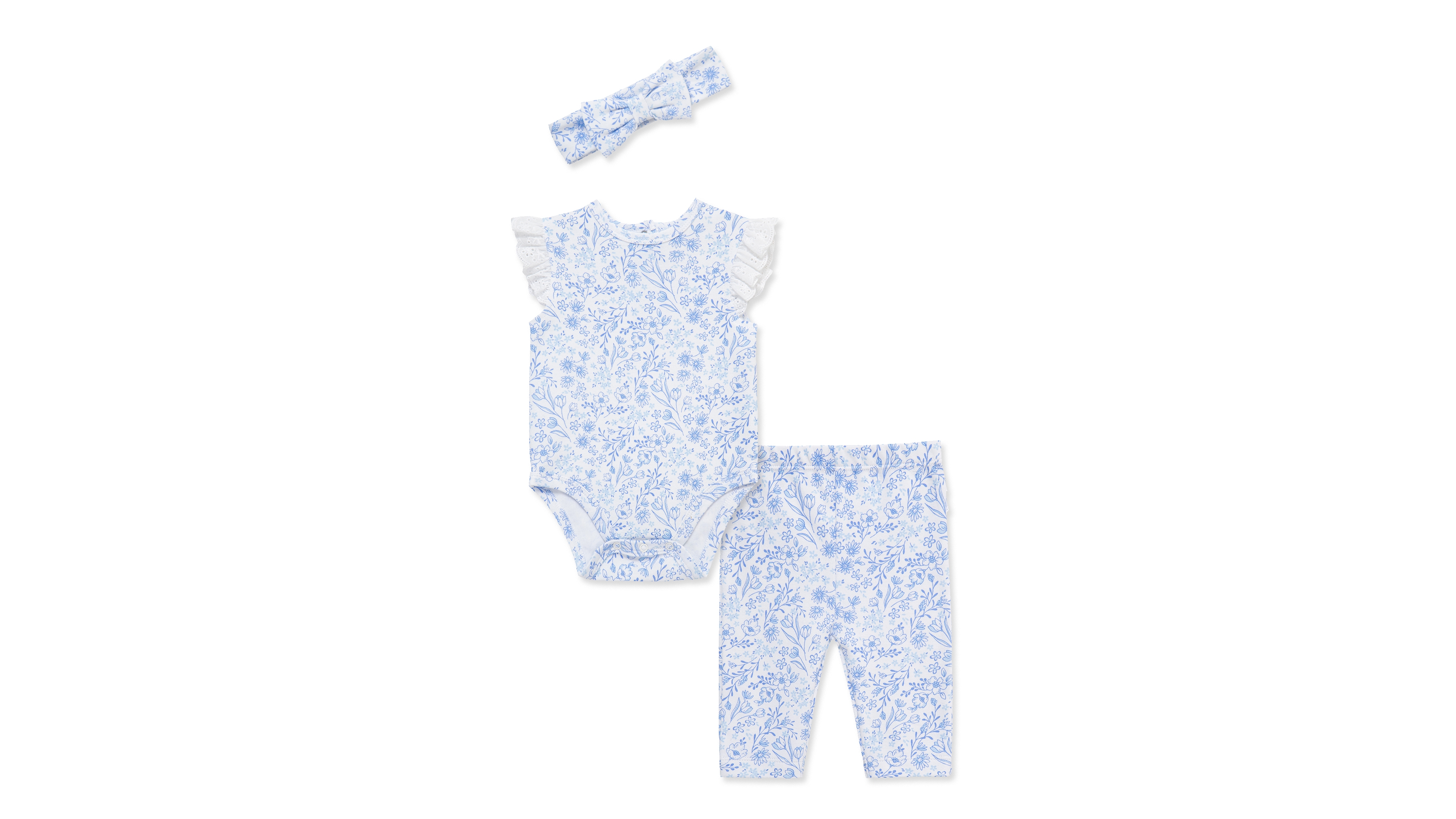 Little Me Baby Girls' Floral Eyelet Bodysuit, Pants and Headband, 3-Piece Set