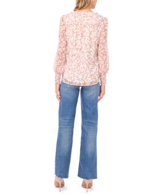 Women's V-Neck Button-Front Smocked-Shoulder Top