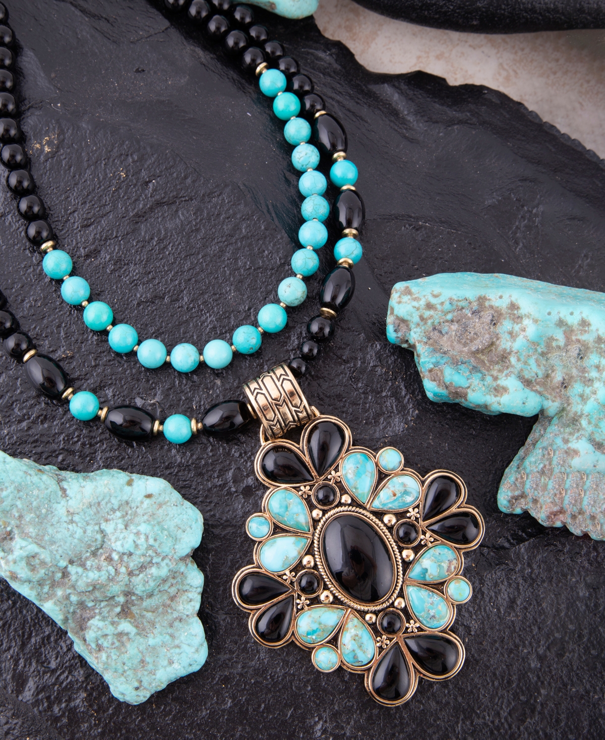 Barse Barcelona Blue Turquoise and Black Onyx Golden Statement Necklace