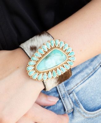 Genuine Turquoise Golden Bronze Cow Hide Cuff Bracelet