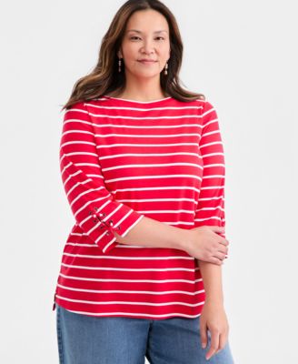 Plus Size Boat-Neck Cotton Lace-Up-Sleeve Tunic