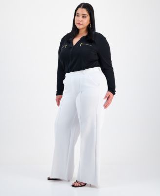 Trendy Plus Size High-Rise Wide-Leg Pont&eacute;-Knit Pants, Created for Macy's