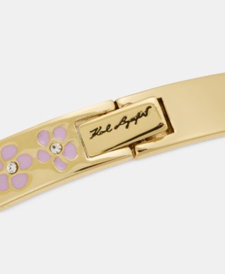 Gold-Tone Purple Flower Inlay Polished Bangle Bracelet