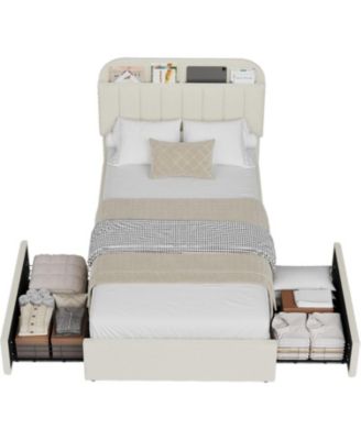 Boucle Storage Bed with Built-In Bookcase, 2 Drawers, Sturdy Frame, No Box Spring Required