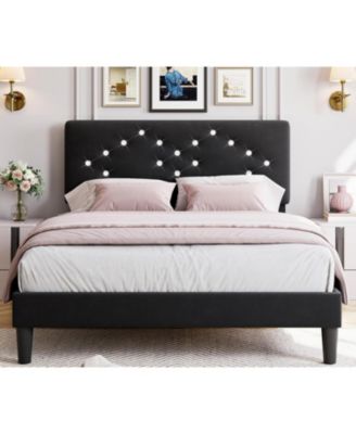 Full Size Upholstered Platform Bed with Button Tufted Headboard, Under Bed Storage, Sturdy Wood Slats