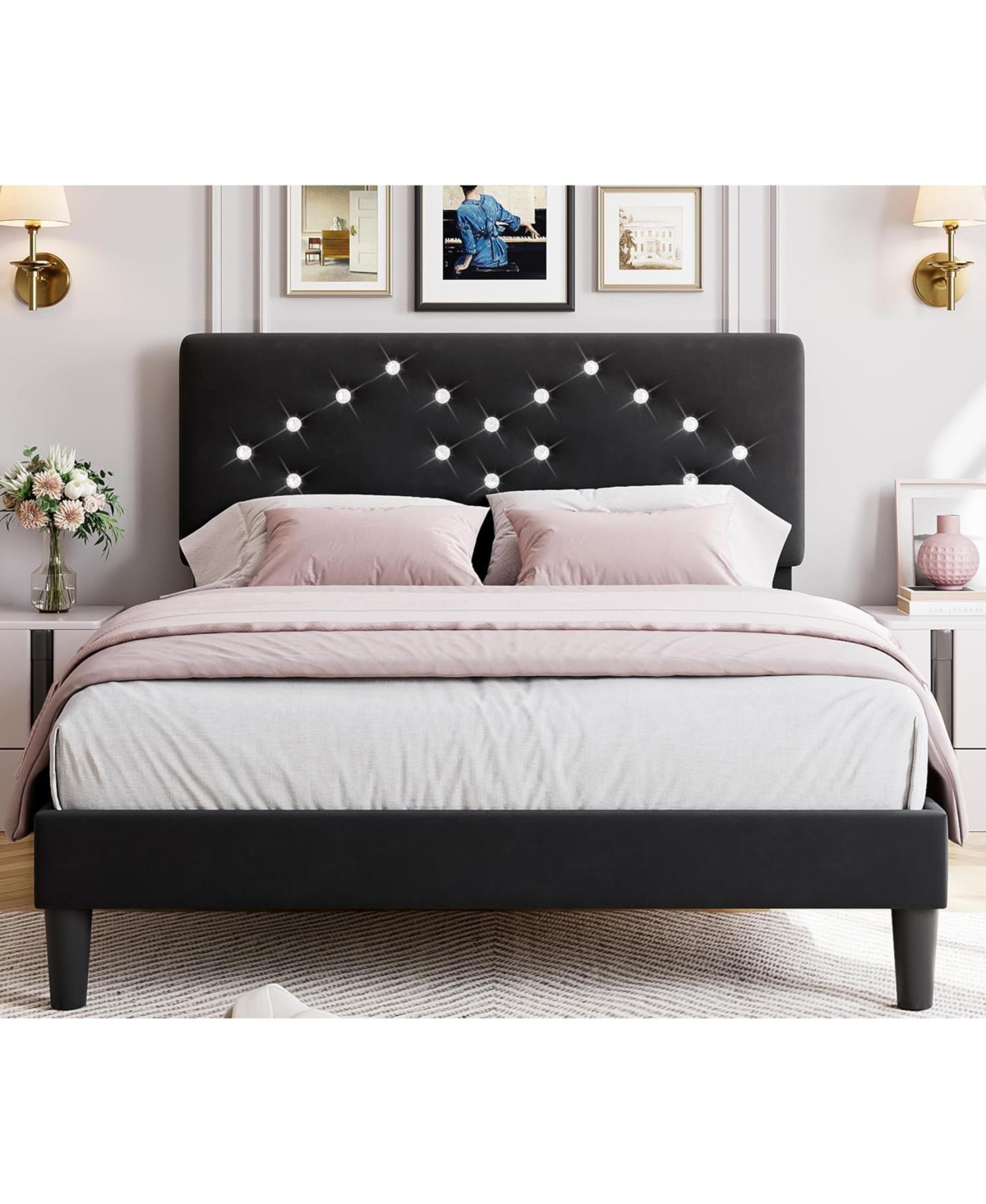 gaomon Full Size Upholstered Platform Bed with Button Tufted Headboard, Under Bed Storage, Sturdy Wood Slats