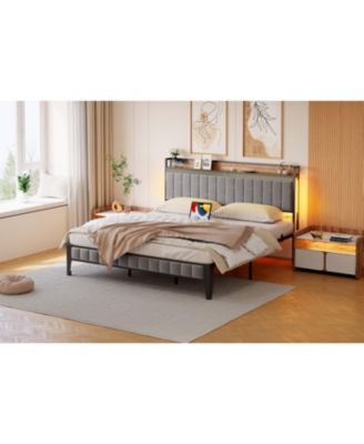 King Bed Frame with Storage Headboard LED Platform Bed Charging Station