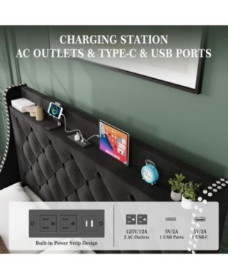 Queen Bed Frame Black Upholstered 4 Storage Drawers Wingback Headboard Charging Station Button Tufted