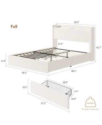 Full Size Boucle Bed Frame with Storage Headboard, Charging Station and LED Lights