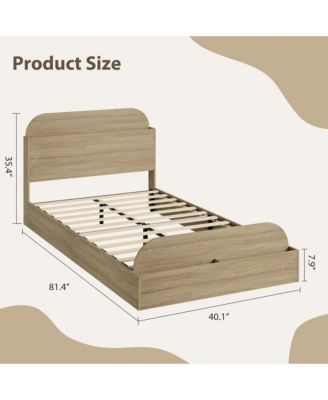 Twin Size Bed Frame, Wooden Beds with Storage Headboard and Raised-Foodboard for Kid, Twin-Floor Low Platform Bed