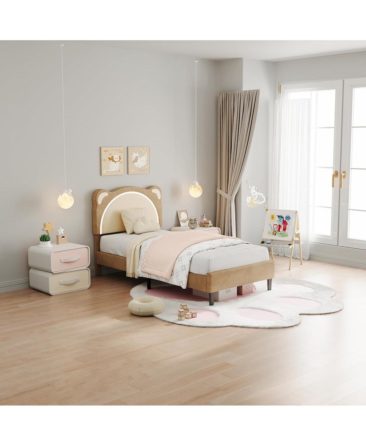 gaomonTwin Xl Upholstered Bed for Kids – Adjustable Headboard with Led Light, Wooden Slats, No Box Spring, Coffee