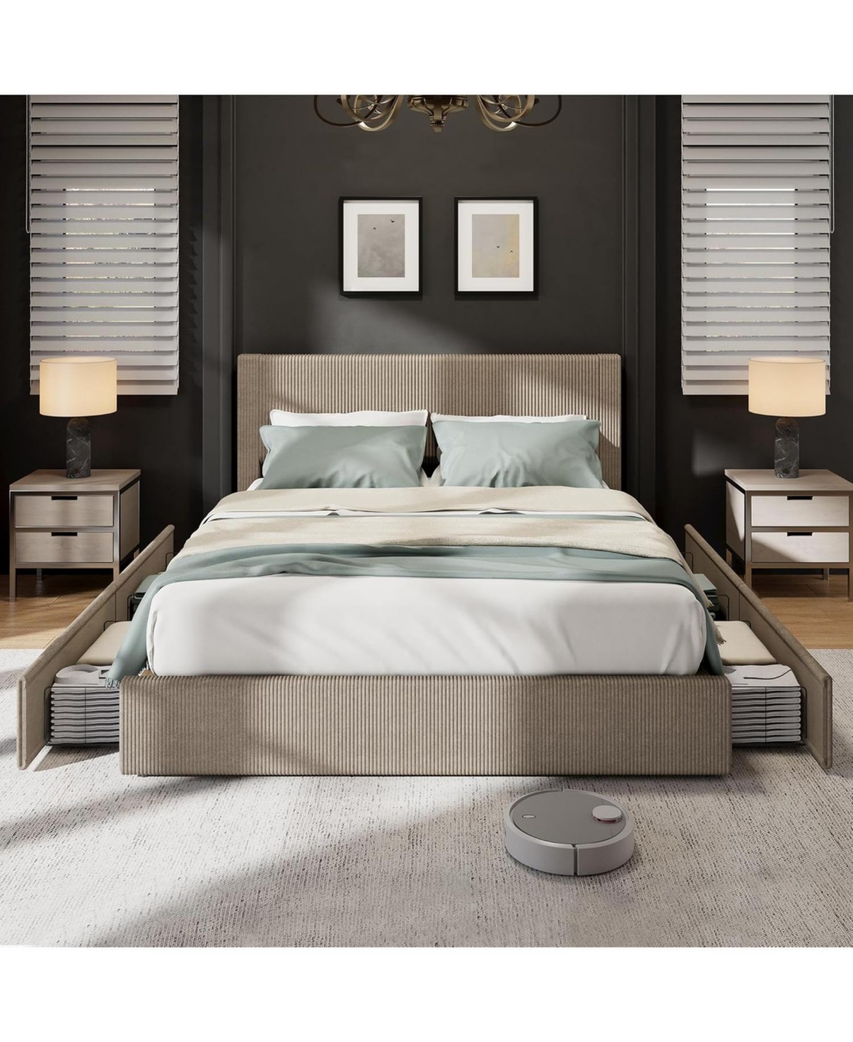 gaomon Full Corduroy Platform Bed with Tufted Wingback Headboard, 4 Storage Drawers, Wood Slats