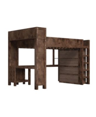 Wooden Queen Loft Bed with Wardrobe, Desk, Storage Headboard