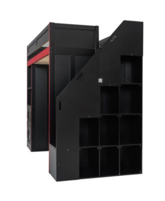 Gaming Loft Bed with Desk and Storage, LED Lights, Twin