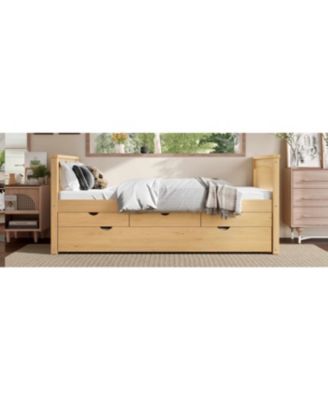 Twin Platform Bed with Drawers, Solid Wood Daybed, No Spring Box Needed, Natural