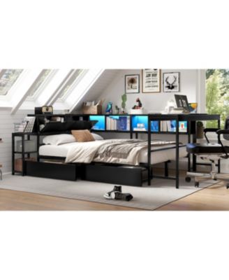 Streamdale Twin Corner Bed Frame with Bookcase, LED, and Storage Drawers