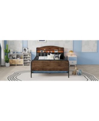 Streamdale Full Size Metal Platform Bed Frame with Storage Headboard, Black