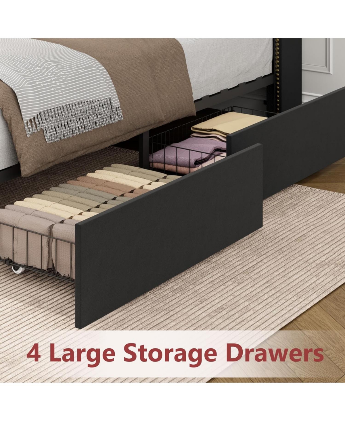 gaomon Full Size Velvet Bed Frame with 4 Storage Drawers, Tufted Headboard, Nailhead Trim, No Box Spring Needed, Black