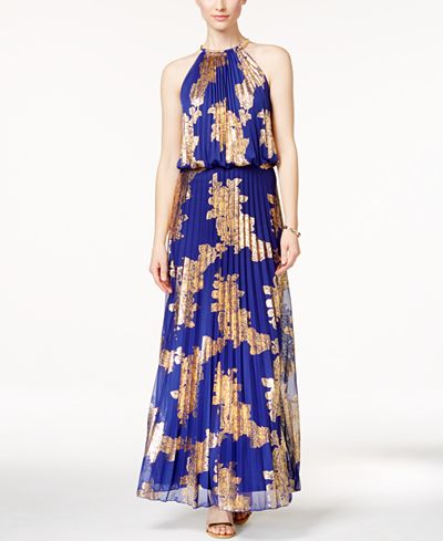 MSK Metallic-Print Pleated Blouson Gown - Dresses - Women - Macy's