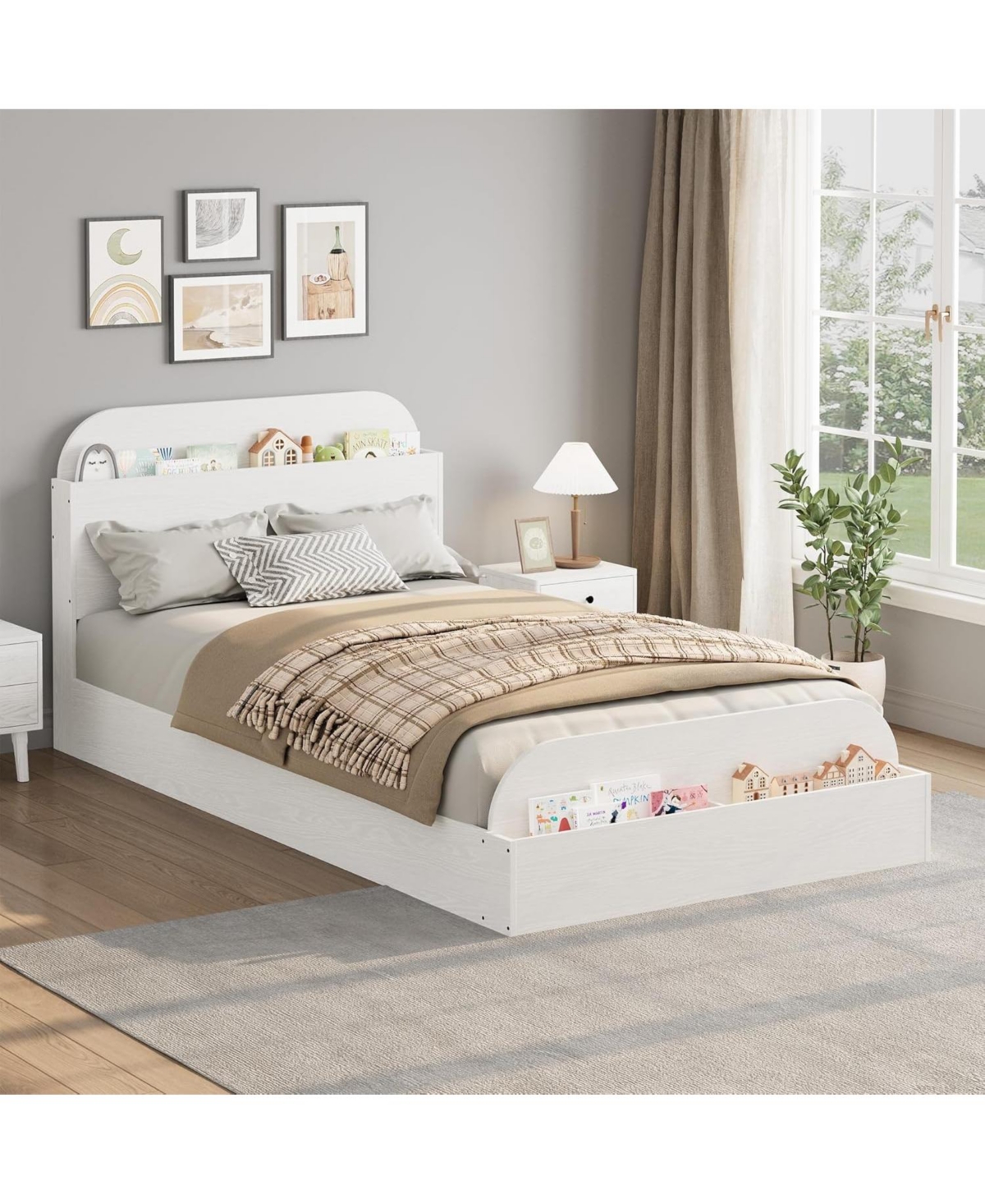 Twin Size Kids Bed Frame with Storage Headboard & Footboard, Low Profile Wood Platform, Strong Slats, White