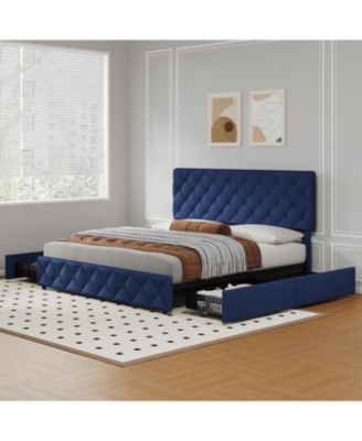 Full Size Bed Frame 4 Storage Drawers and Headboard Linen Upholstered Diamond Tufted Easy Assembly Noise-Free