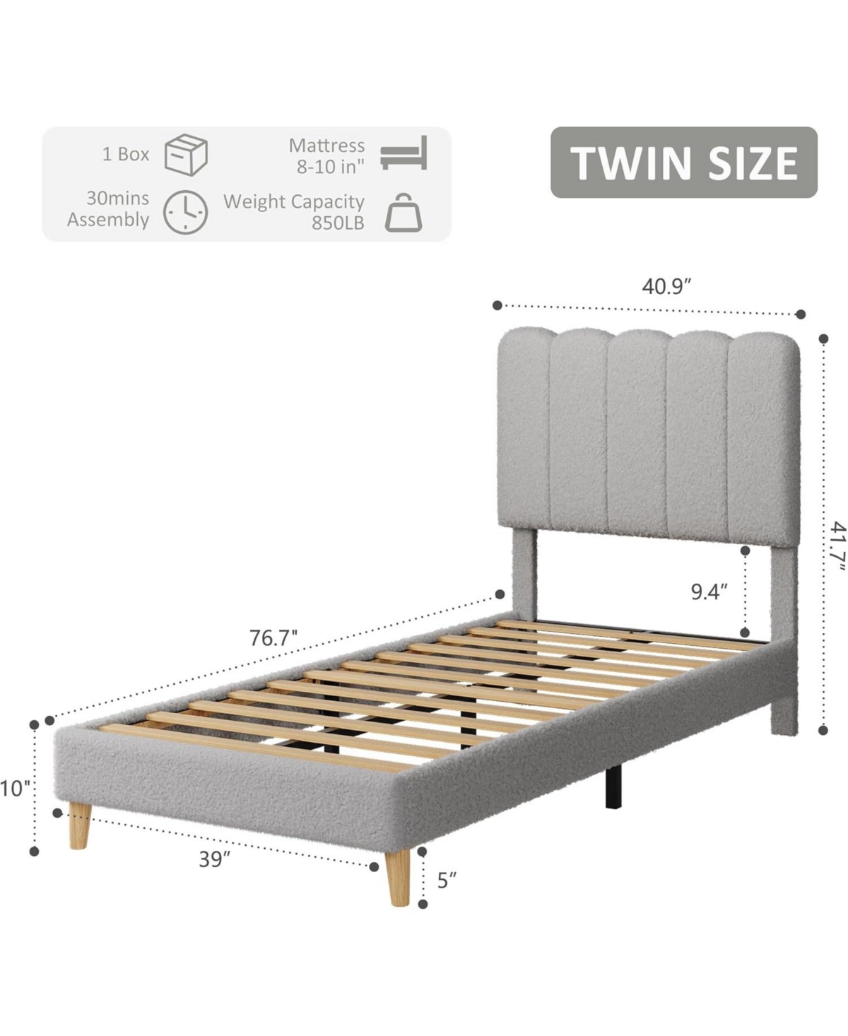 gaomon Twin Bed Frame Boucle Upholstered Wave Headboard Kids Girls Boys Wooden Slats No Box Spring Grey