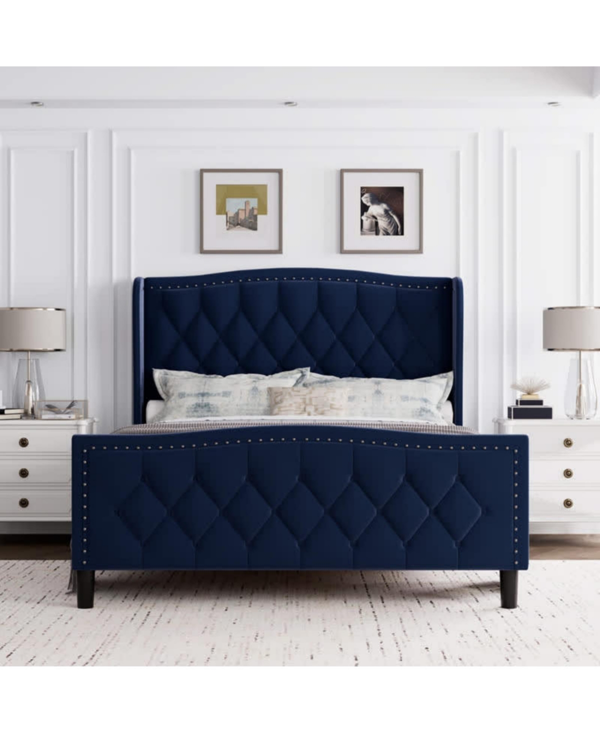 gaomon Queen Bed Frame Blue Upholstered 4 Storage Drawers Wingback Headboard Charging Station Button Tufted