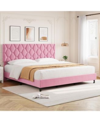 King Size Metal & Wood Upholstered Headboard Heavy-Duty Noise-Free Platform Bed Frame