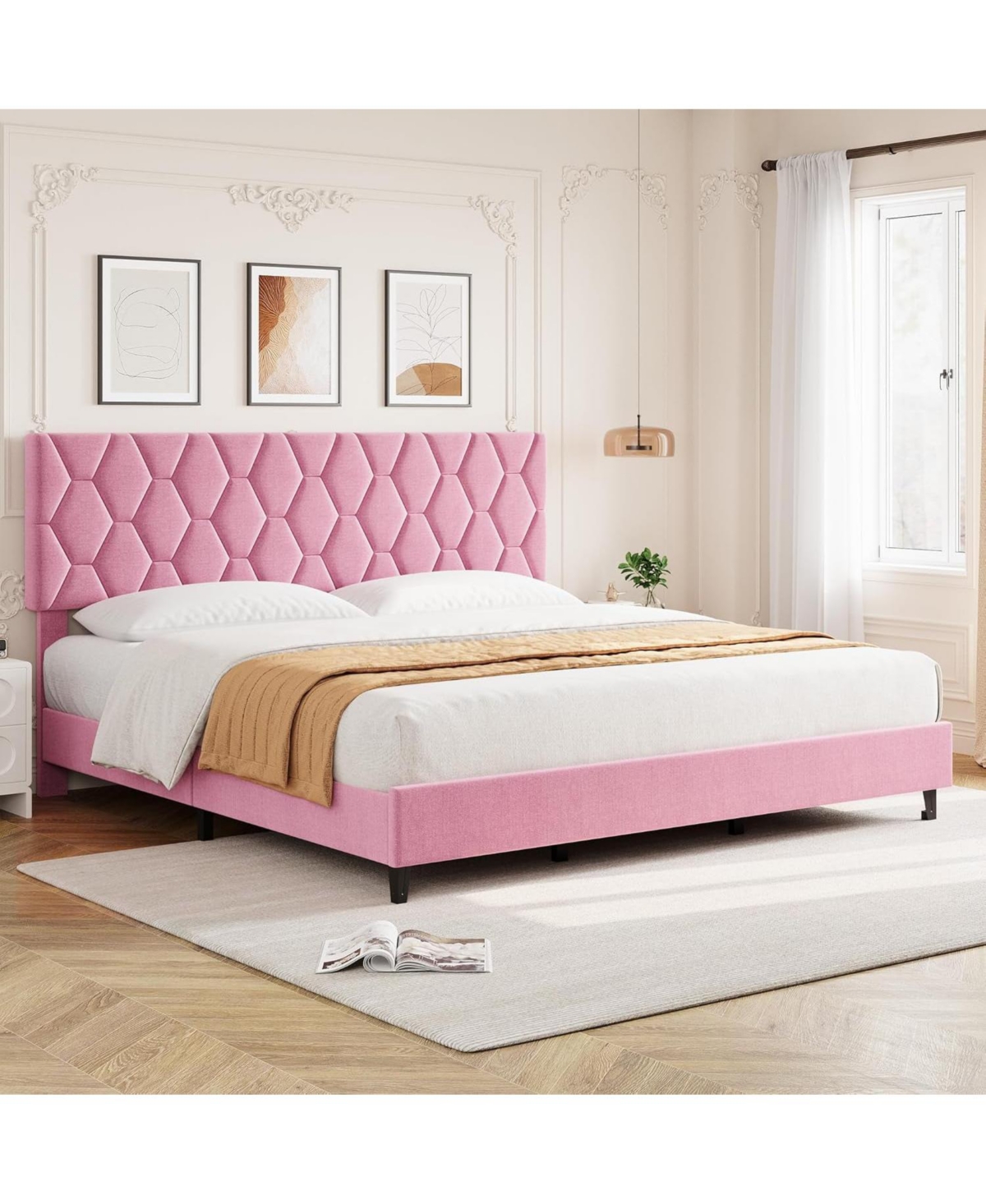 gaomon King Size Metal & Wood Upholstered Headboard Heavy-Duty Noise-Free Platform Bed Frame