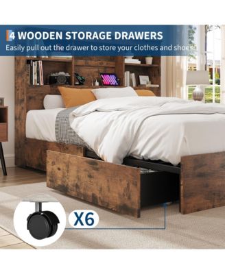King Size Bed Frame with High Storage Bookcase Headboard, Wood Bed Frame with 4 Storage Drawers