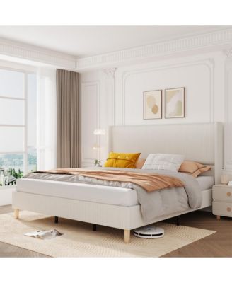 Full Bed Frame, Upholstered Platform Corduroy Bed Frame with Vertical Channel Tufted Wingback Headboard